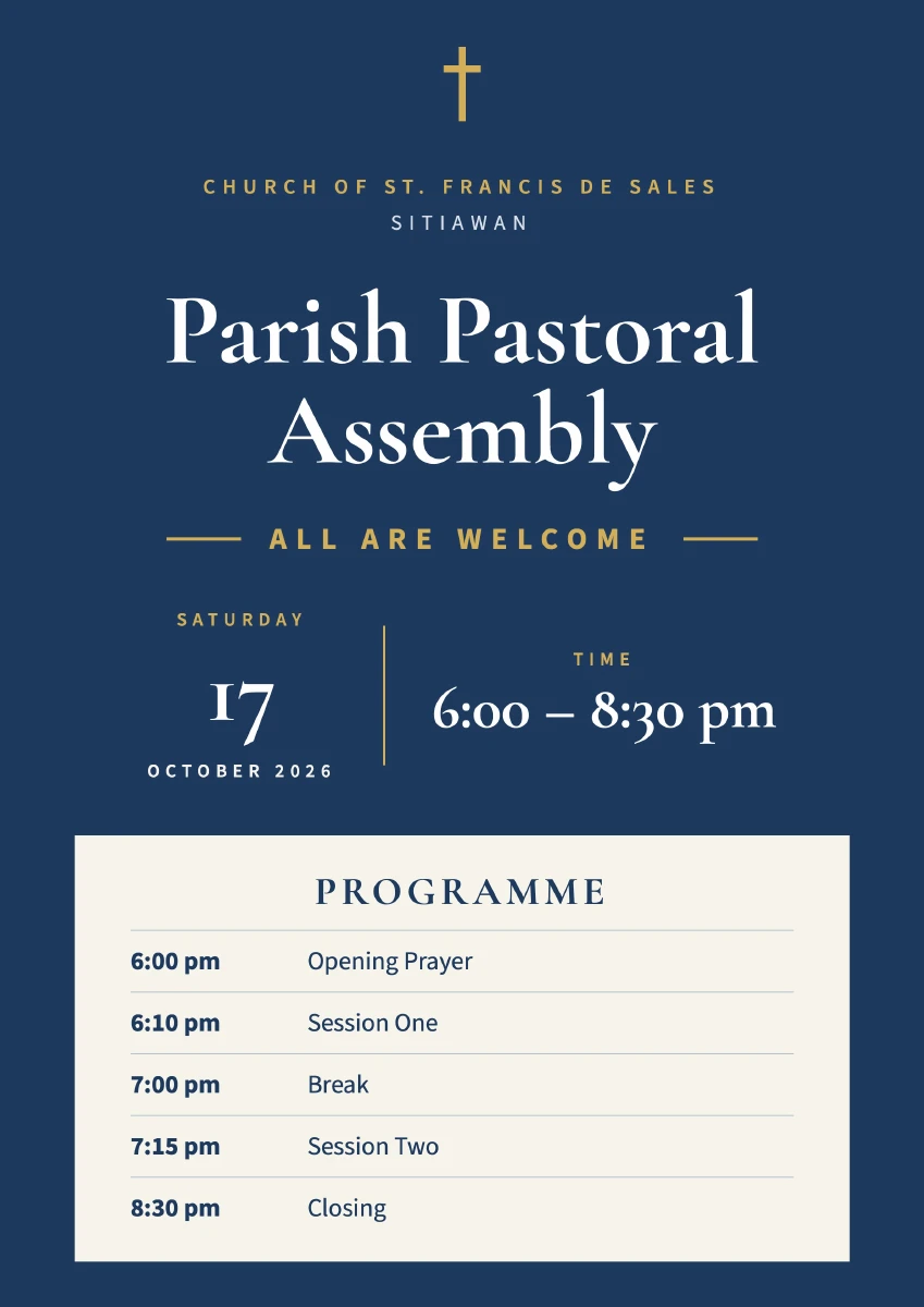 Parish Pastoral Assembly poster for Saturday 17 October 2026, 6:00–8:30 p.m., with the programme listed alongside